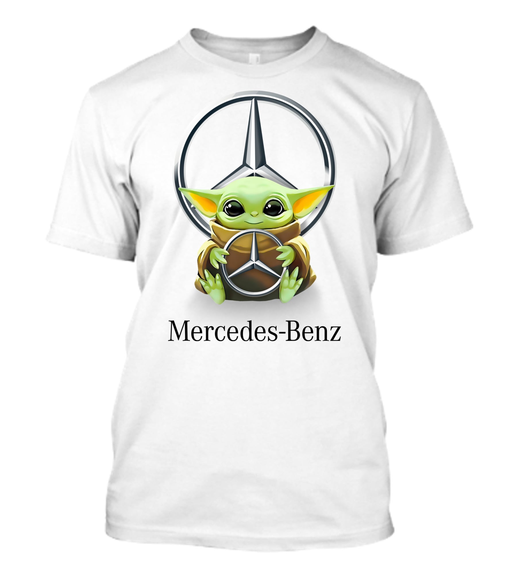 Grogu Holding Mercedes-Benz Logo In Front Of T-Shirt