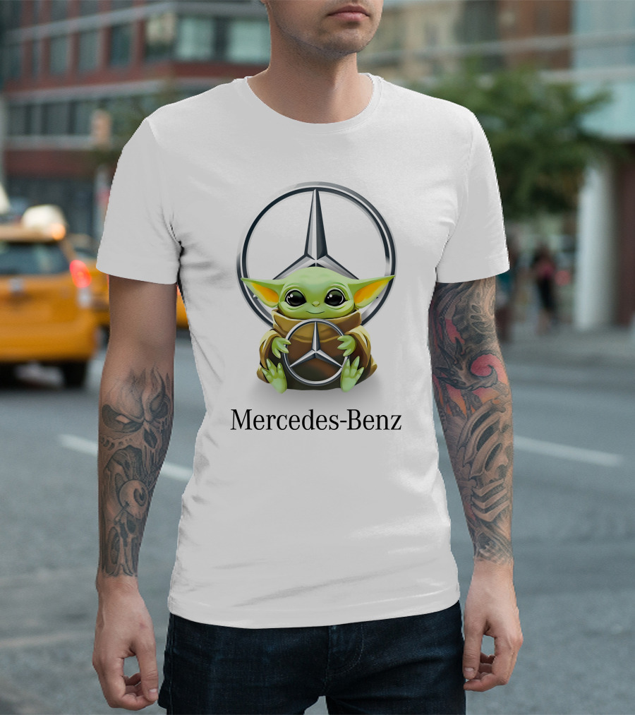 Grogu Holding Mercedes-Benz Logo In Front Of T-Shirt