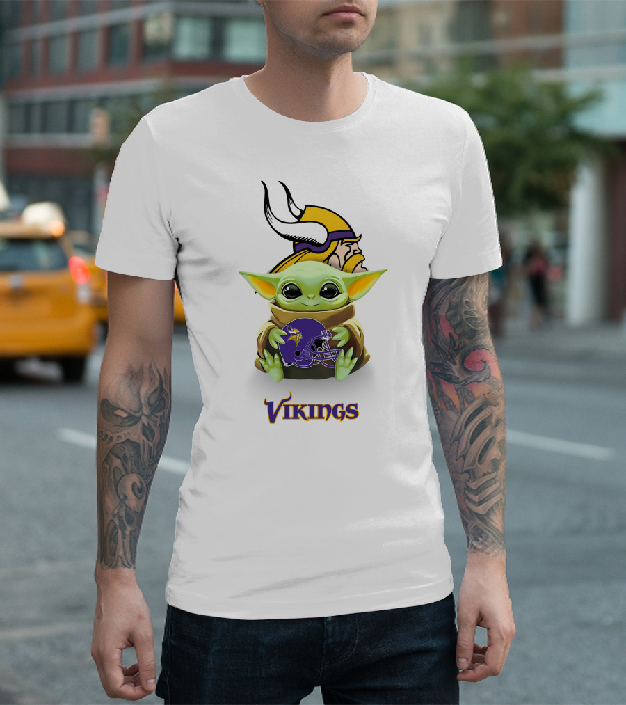 Grogu Holding Minnesota Vikings Helmet Iconic Logo Vikings T-Shirt