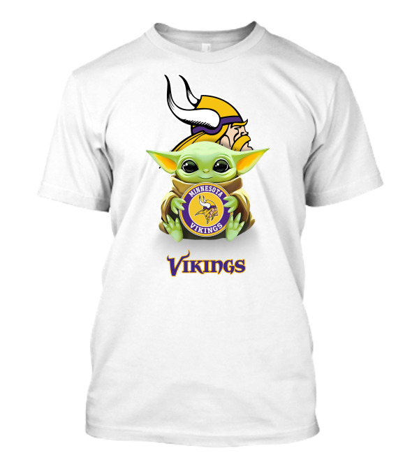 Grogu Holding Minnesota Vikings Symbol With Viking Helmet Background T-Shirt
