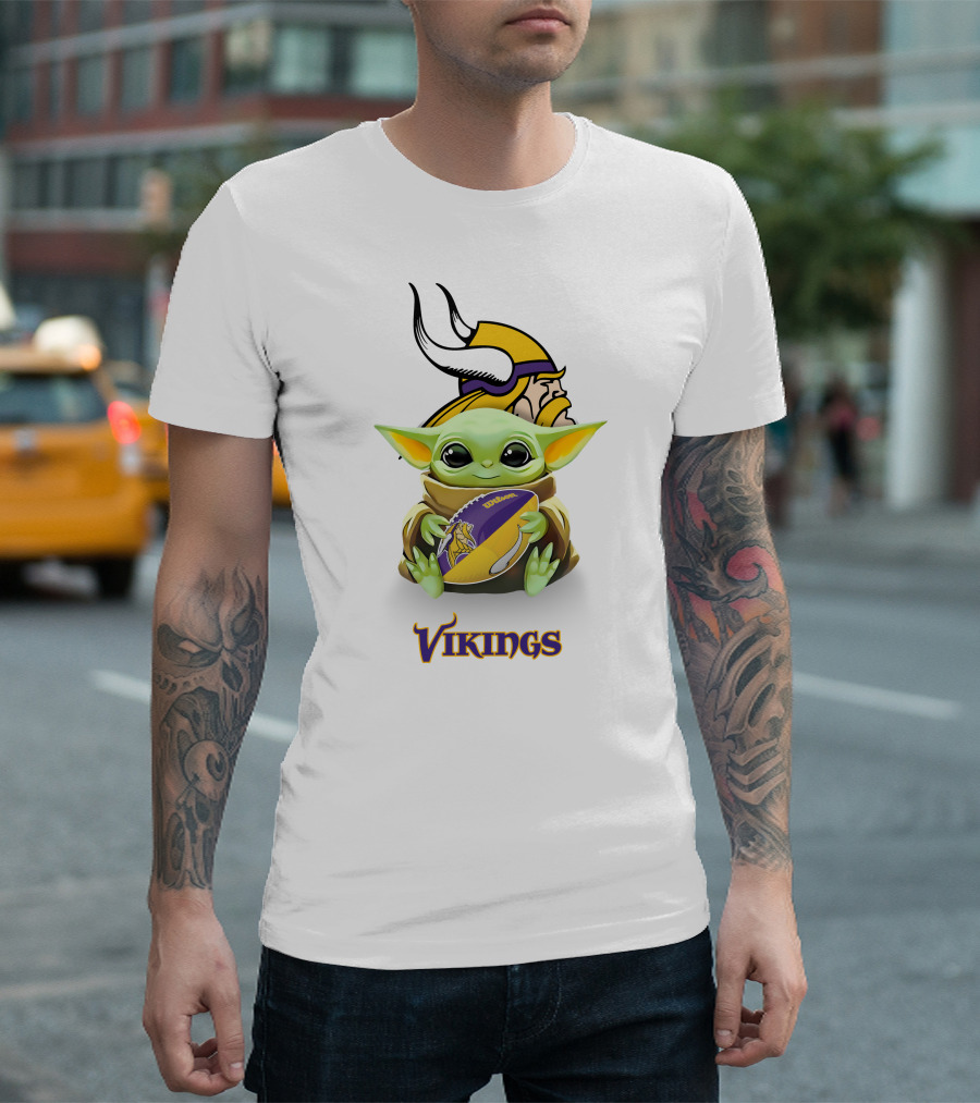 Grogu Holding Minnesota Vikings Football With Vikings T-Shirt