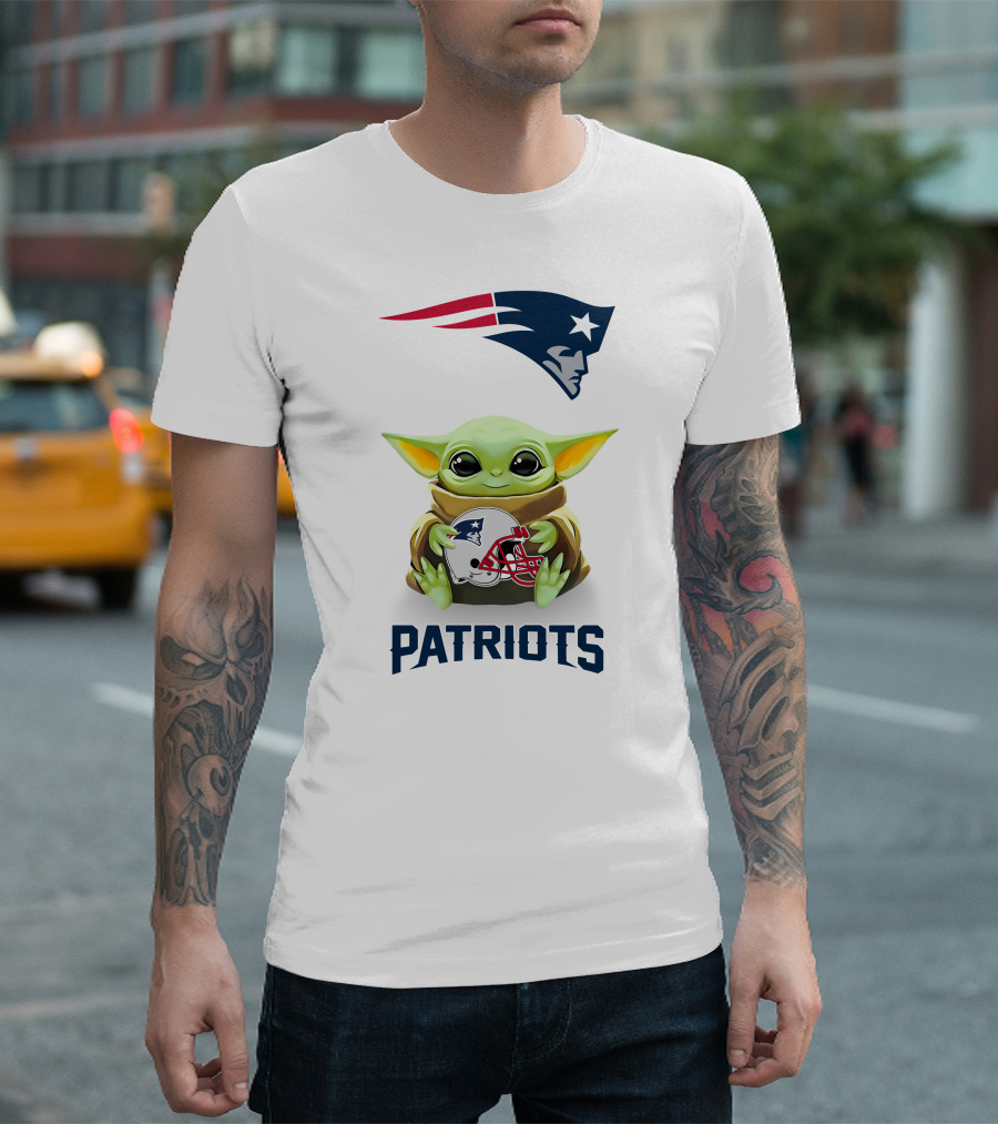 Grogu Hugging New England Patriots Helmet NFL Logo Fan T-Shirt
