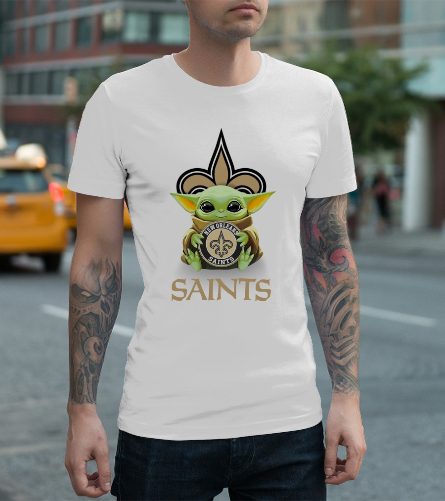 Grogu Holding New Orleans Saints Emblem Featuring Logo and Saints Text T-Shirt