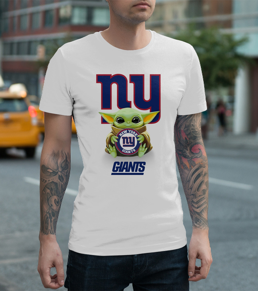 Grogu Holding New York Giants Logo with Giants Text in White T-Shirt