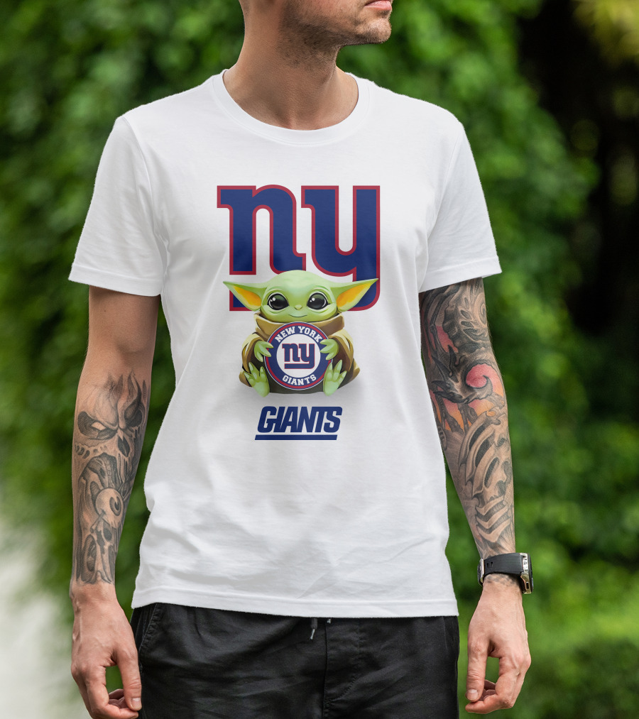 Grogu Holding New York Giants Logo With Giants Text In White T-Shirt