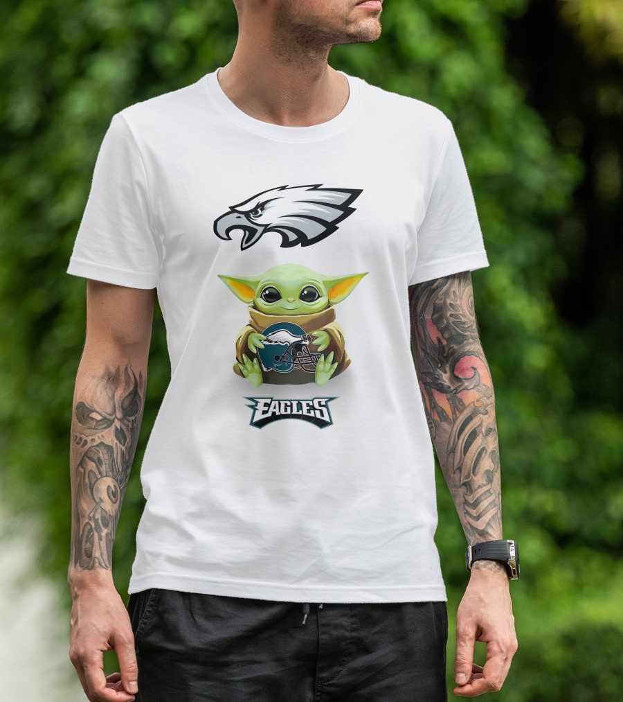 Grogu Hugging Philadelphia Eagles Helmet With Eagles T-Shirt
