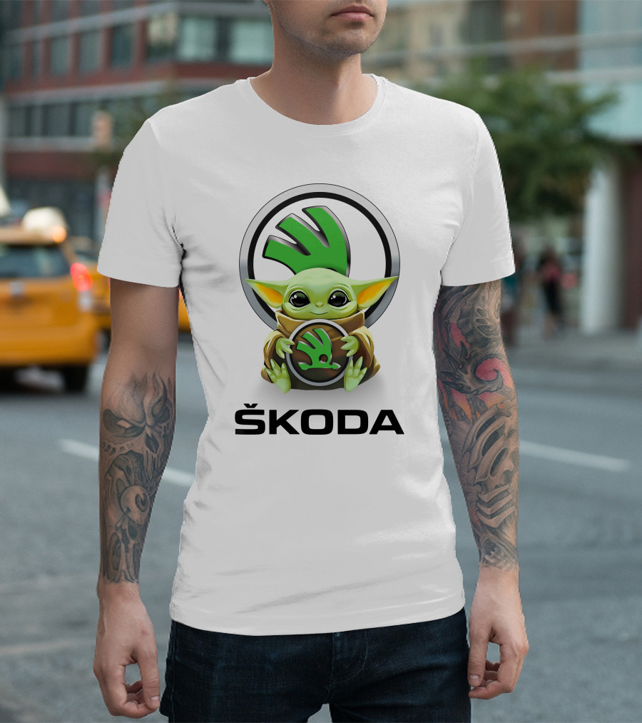 Grogu with Škoda Emblem Hugging Icon with White Background T-Shirt
