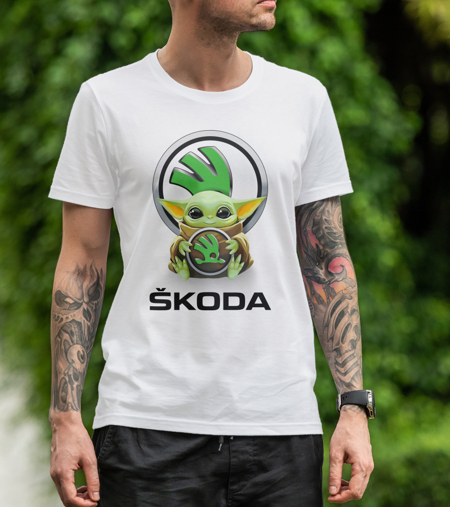 Grogu With Škoda Emblem Hugging Icon With White Background T-Shirt