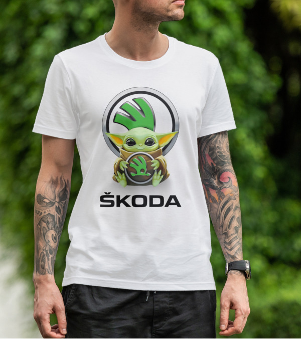 Grogu With Škoda Emblem Hugging Icon With White Background T-Shirt