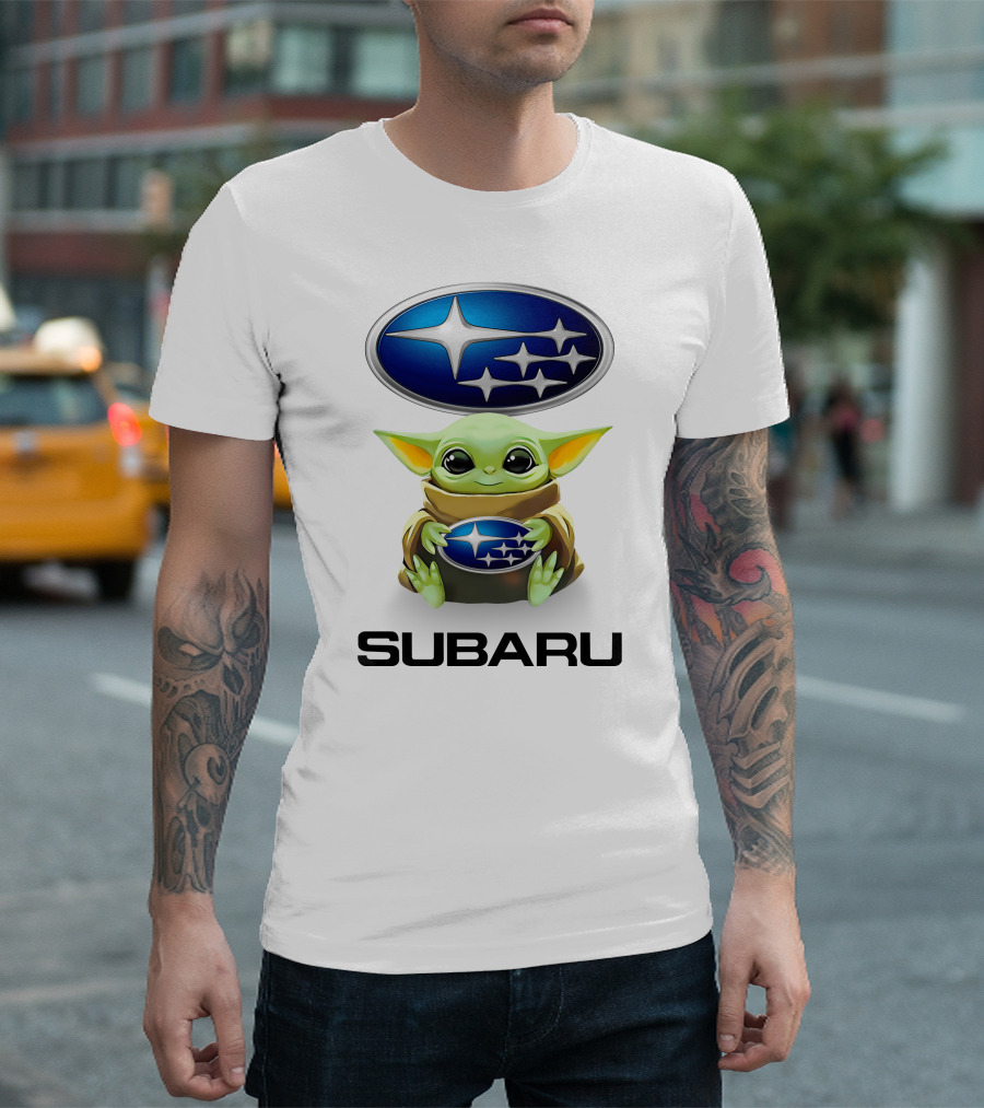 Grogu Holding Subaru Logo with Symbol and Text T-Shirt