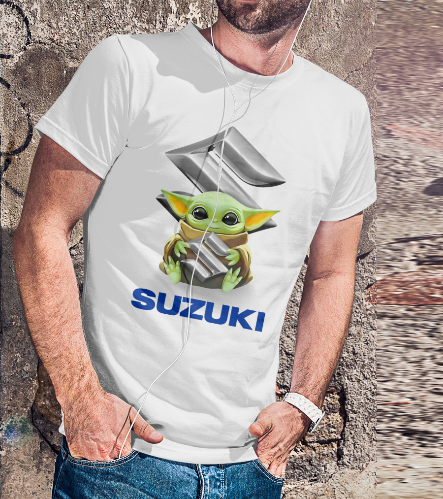 Grogu Hugging Suzuki Logo With Silver Emblem And Brown Cloak T-Shirt