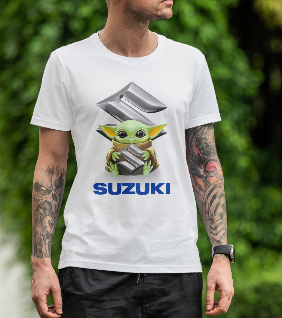 Grogu Hugging Suzuki Logo With Silver Emblem And Brown Cloak T-Shirt