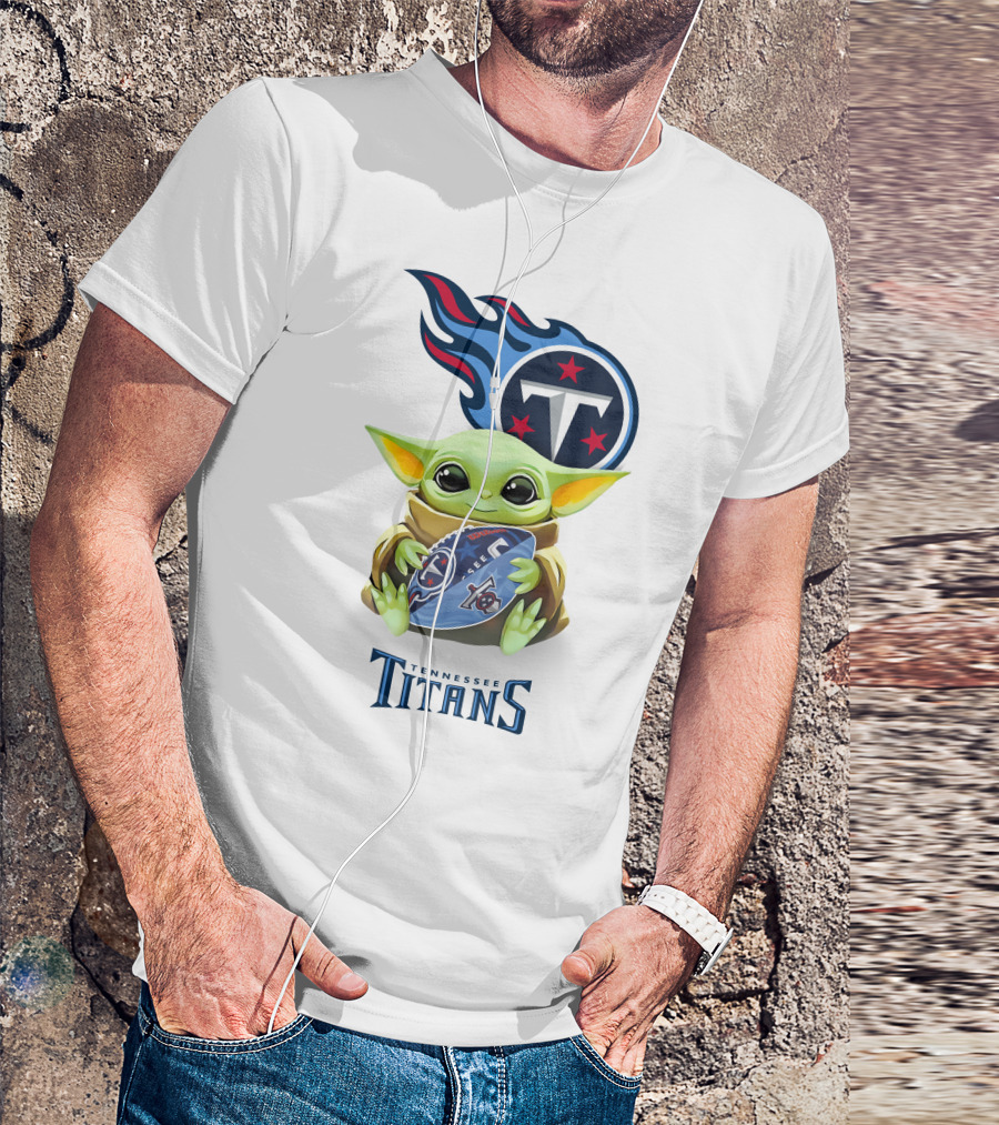 Grogu Hugging Tennessee Titans Football Logo Tailgate White T-Shirt