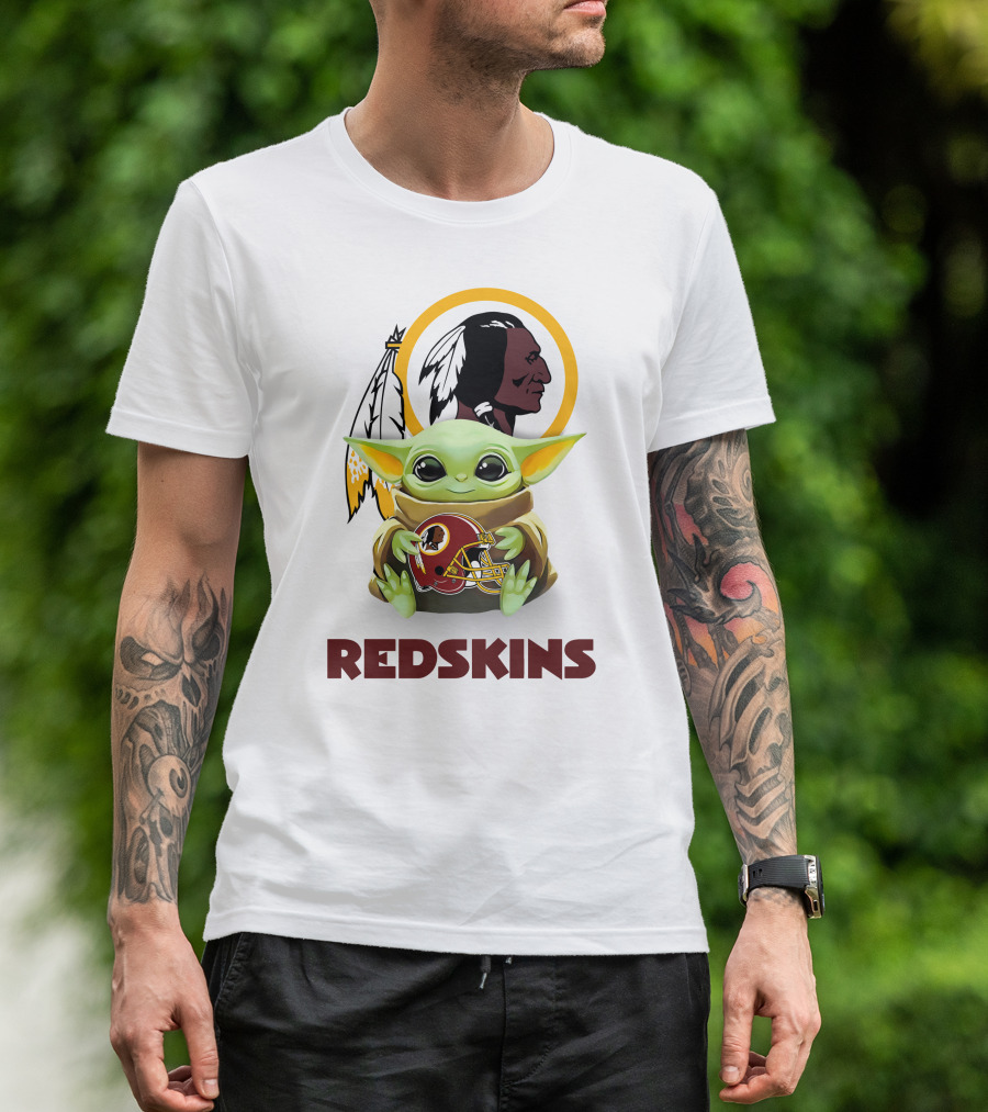 Grogu Hugging Washington Redskins Helmet With Classic Redskins T-Shirt