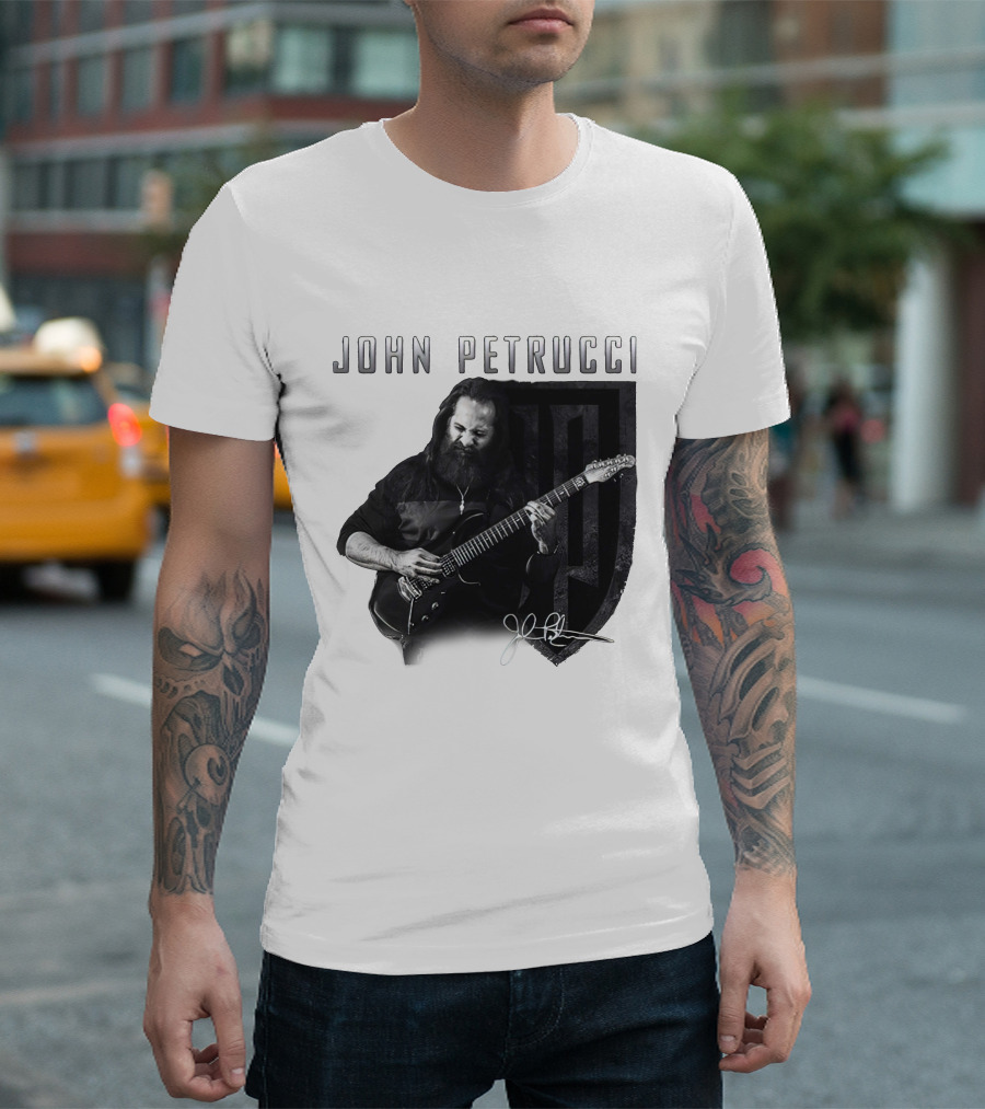 John Petrucci Guitarist Black and White Portrait with Signature T-Shirt