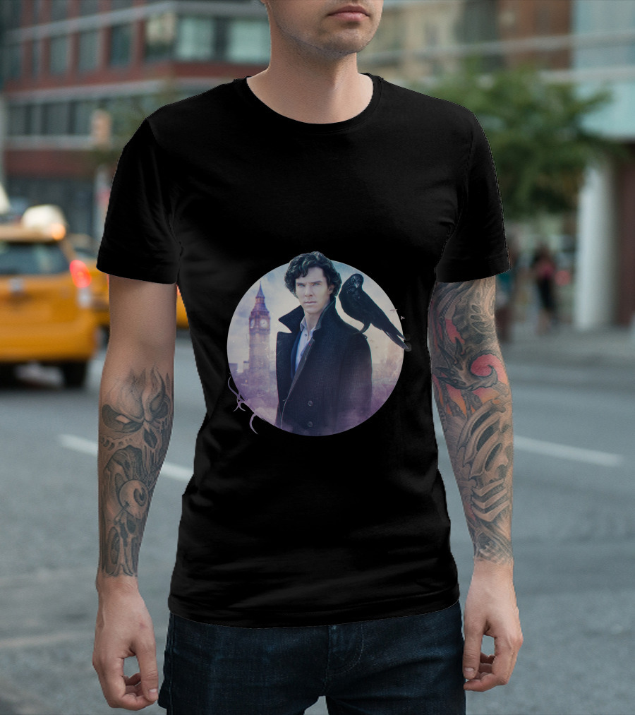 S.H Art Detective Silhouette with Crow and Clock Tower T-Shirt