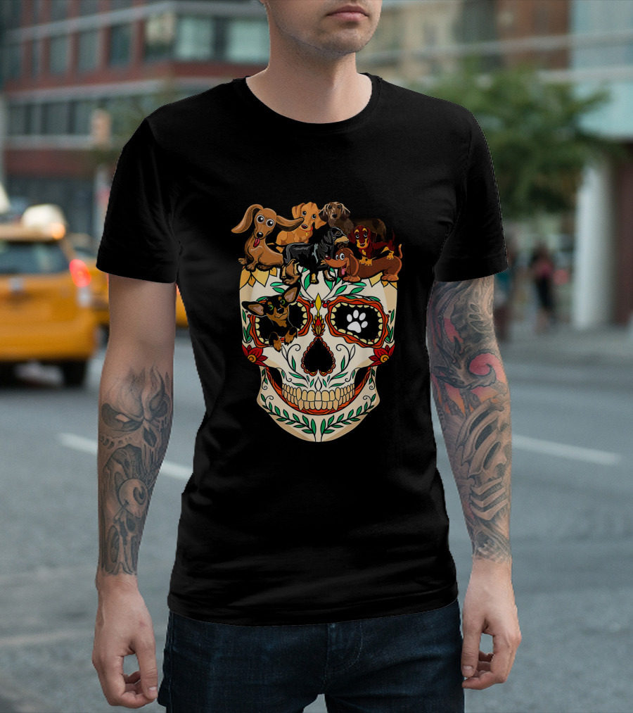 Dachshunds Sugar Skull Dog Mom Dad Funny Colorful Day Of The Dead T-Shirt
