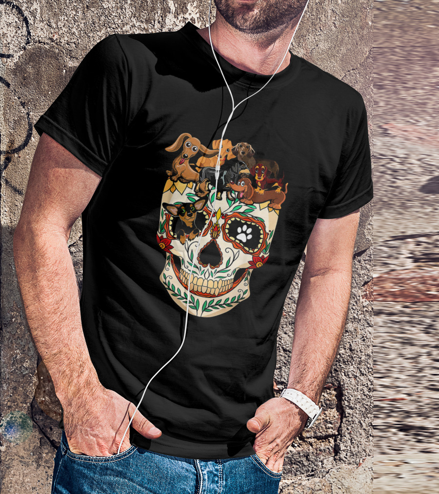 Dachshunds Sugar Skull Dog Mom Dad Funny Colorful Day Of The Dead T-Shirt