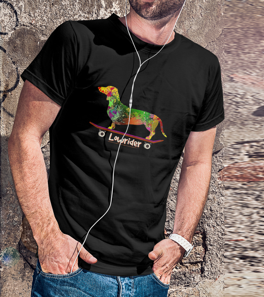 Lowrider Skateboarding Dachshund Weiner Dog In Colorful T-Shirt