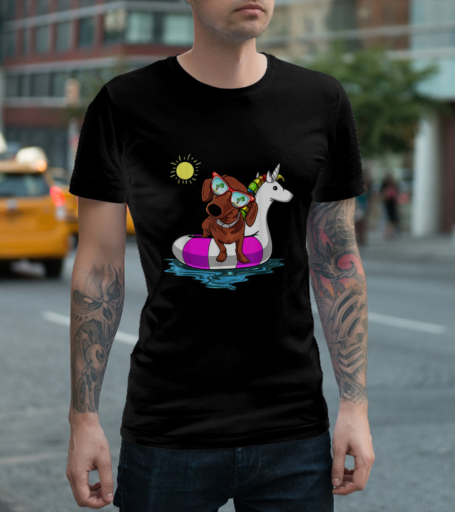Dachshund on Unicorn Float at Summer Pool Party with Sunglasses and Sun T-Shirt