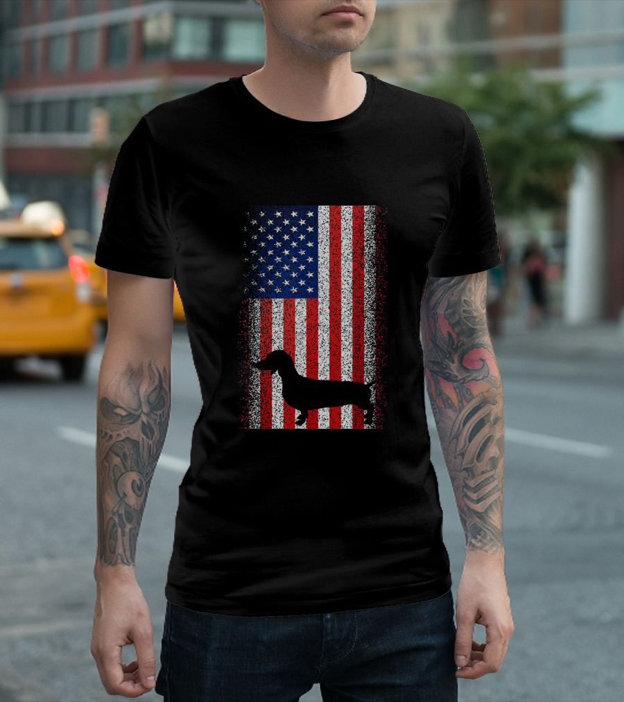Vintage Dachshund Silhouette Over American Flag Patriotic 4th Of July T-Shirt