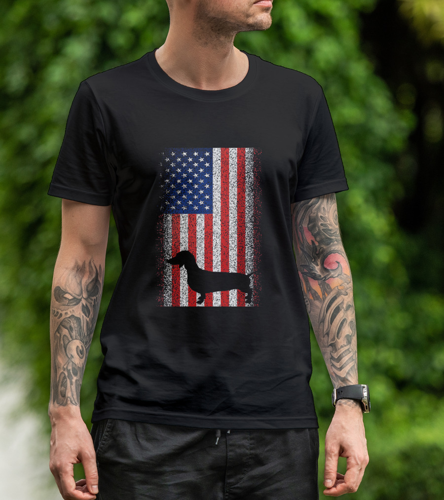 Vintage Dachshund Silhouette Over American Flag Patriotic 4th Of July T-Shirt