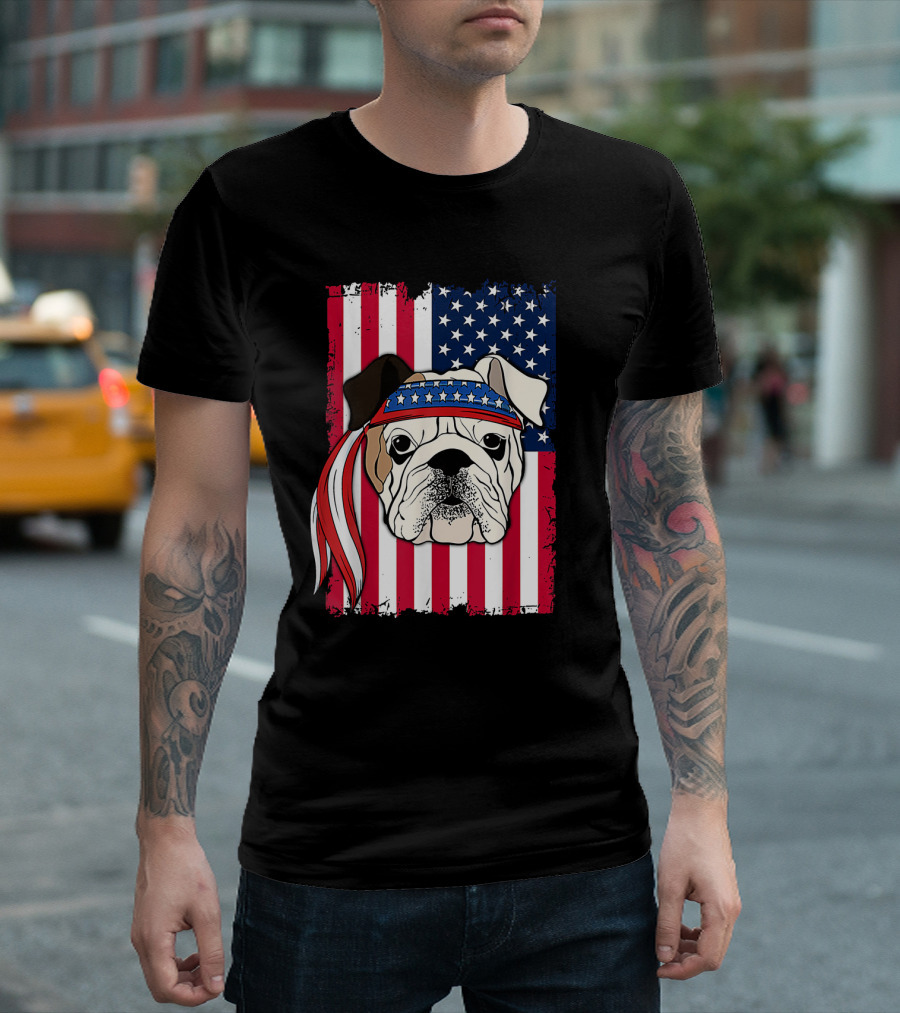 Patriotic Bulldog Wearing Bandana with American Flag Background T-Shirt