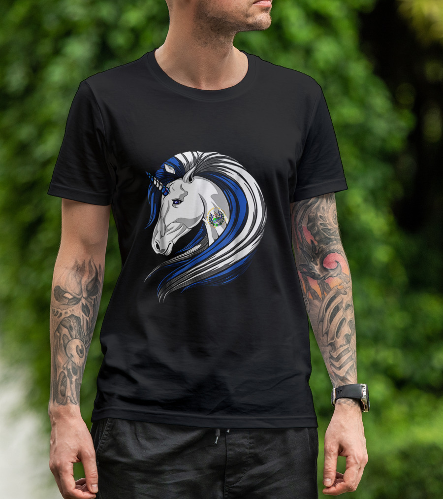Unicorn With El Salvador Flag Colors And Salvadoran Emblem Mane T-Shirt