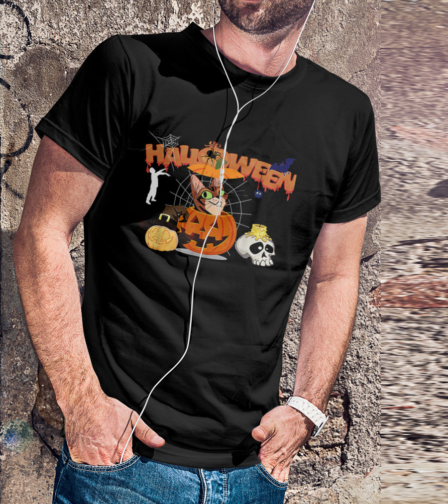 Halloween Bengal Cat Pumpkin Witch Zombie Skull T-Shirt