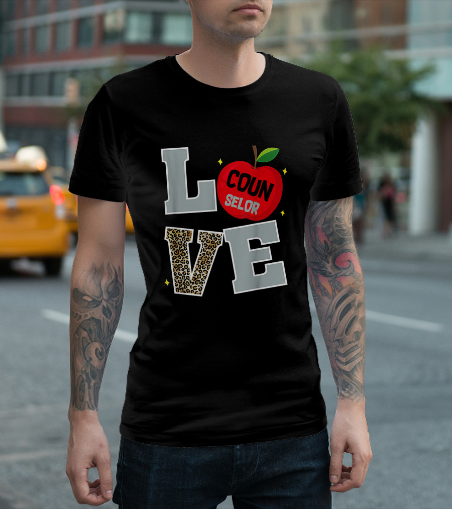 LOVE Counselor Apple Back to School Leopard Print Teacher T-Shirt