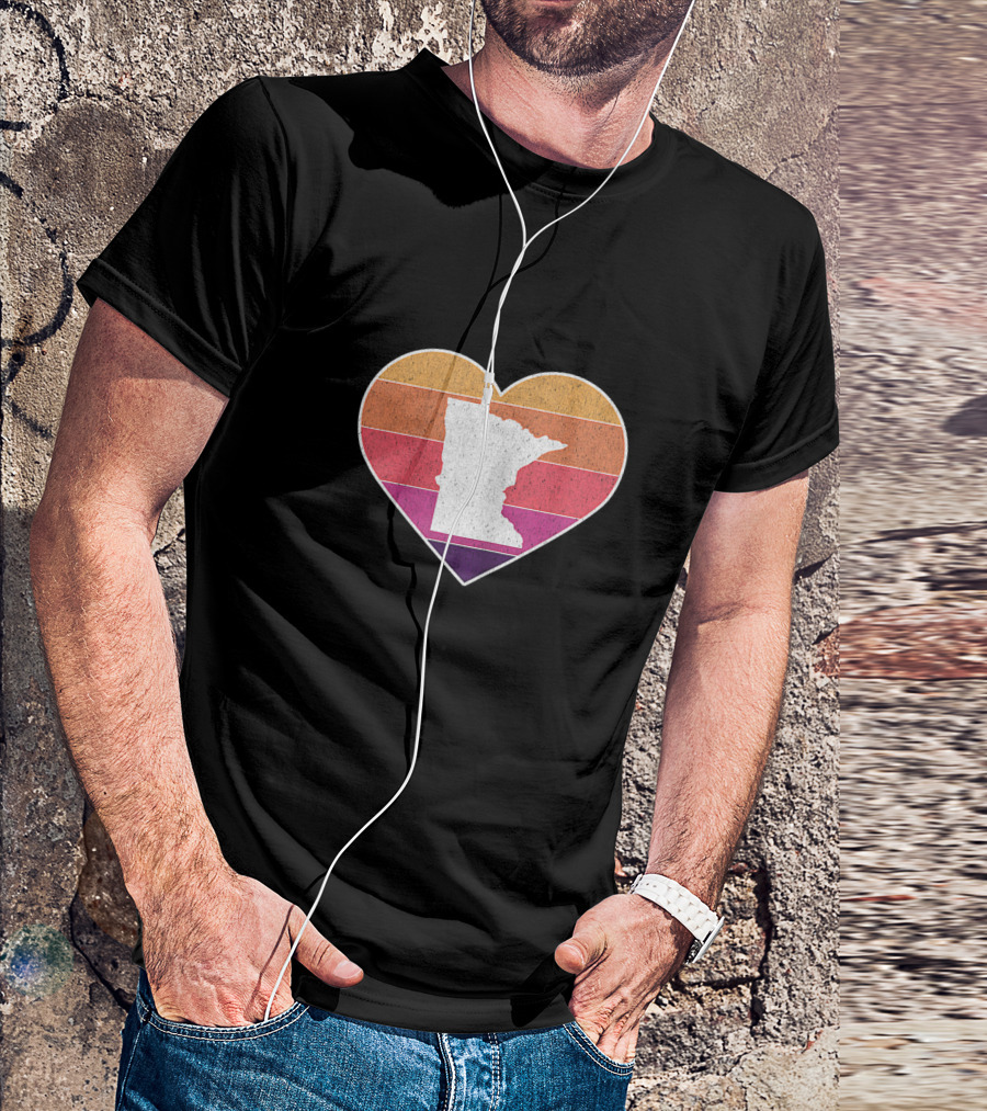 Minnesota Love Heart With State Silhouette On Vintage Stripes T-Shirt
