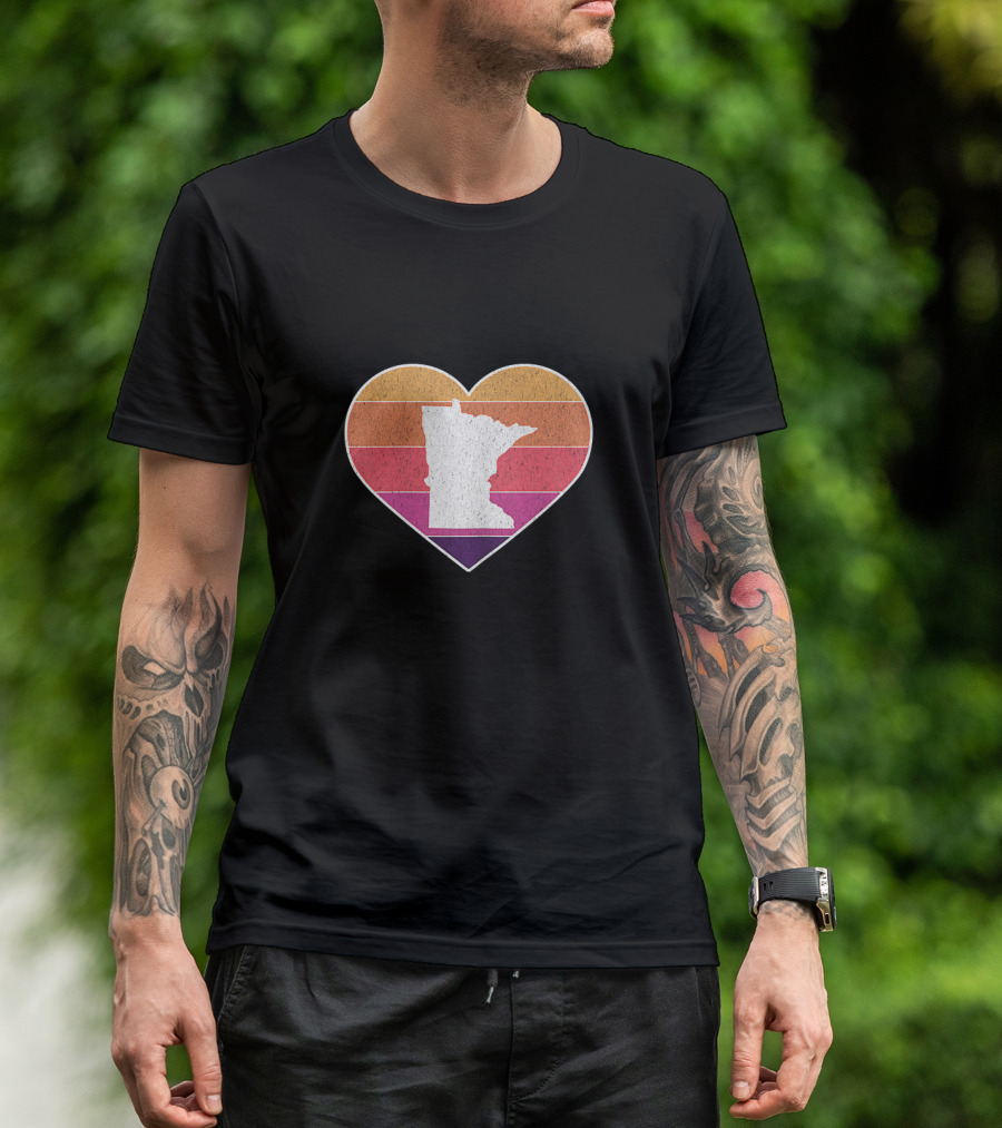Minnesota Love Heart With State Silhouette On Vintage Stripes T-Shirt