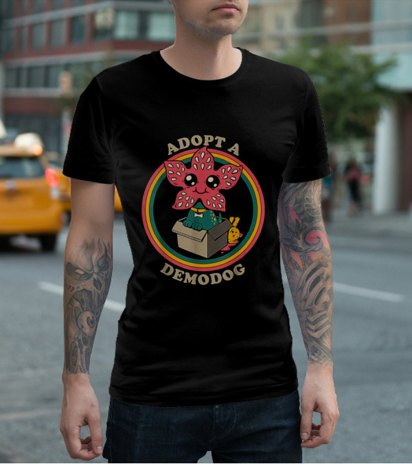 Adopt A DemoDog Cute Flower-Faced Creature In Box With Rainbow Circle T-Shirt