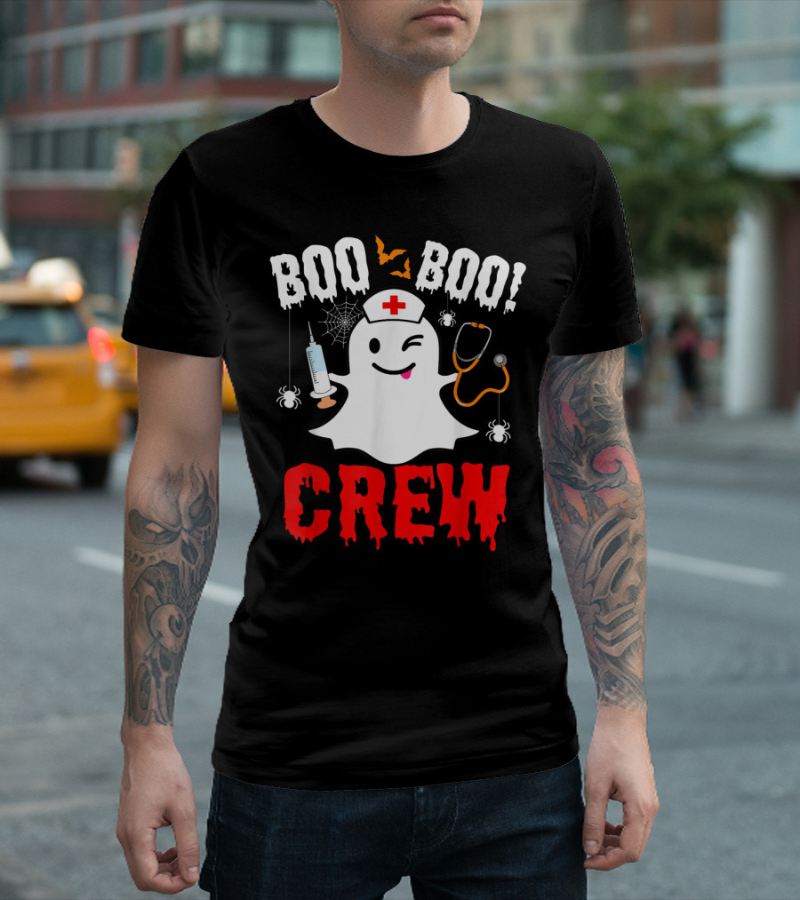 Boo Boo Crew Nurse Ghost Halloween Spiders Bats Stethoscope T-Shirt