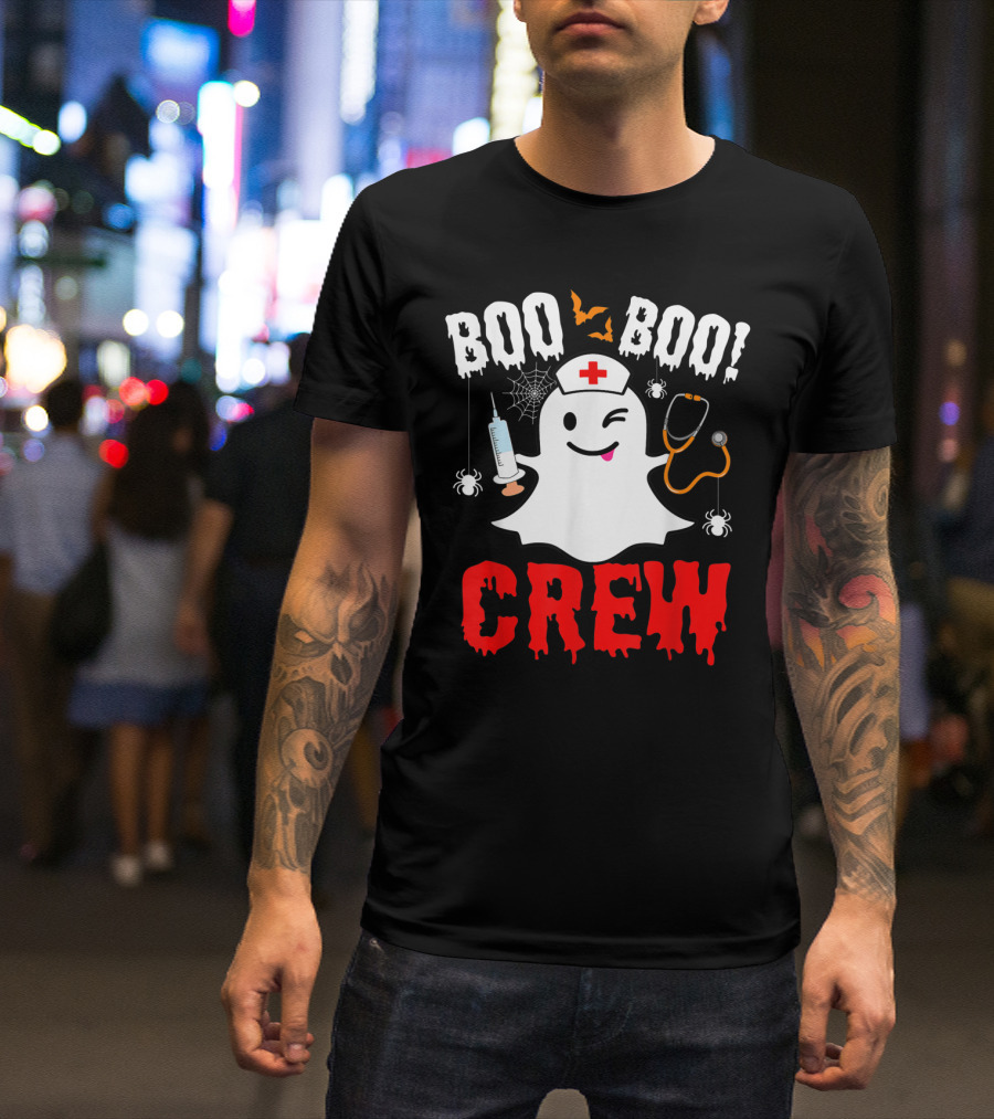 Boo Boo Crew Nurse Ghost Halloween Spiders Bats Stethoscope T-Shirt