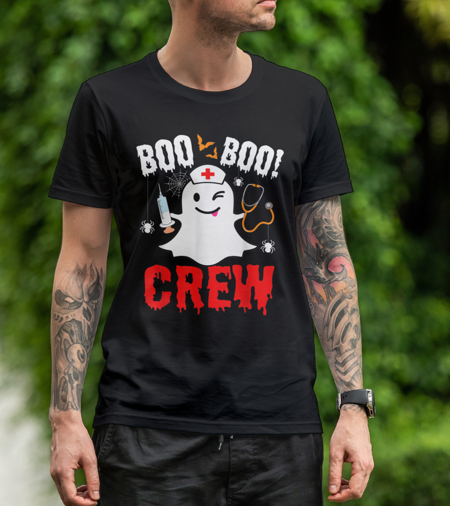 Boo Boo Crew Nurse Ghost Halloween Spiders Bats Stethoscope T-Shirt