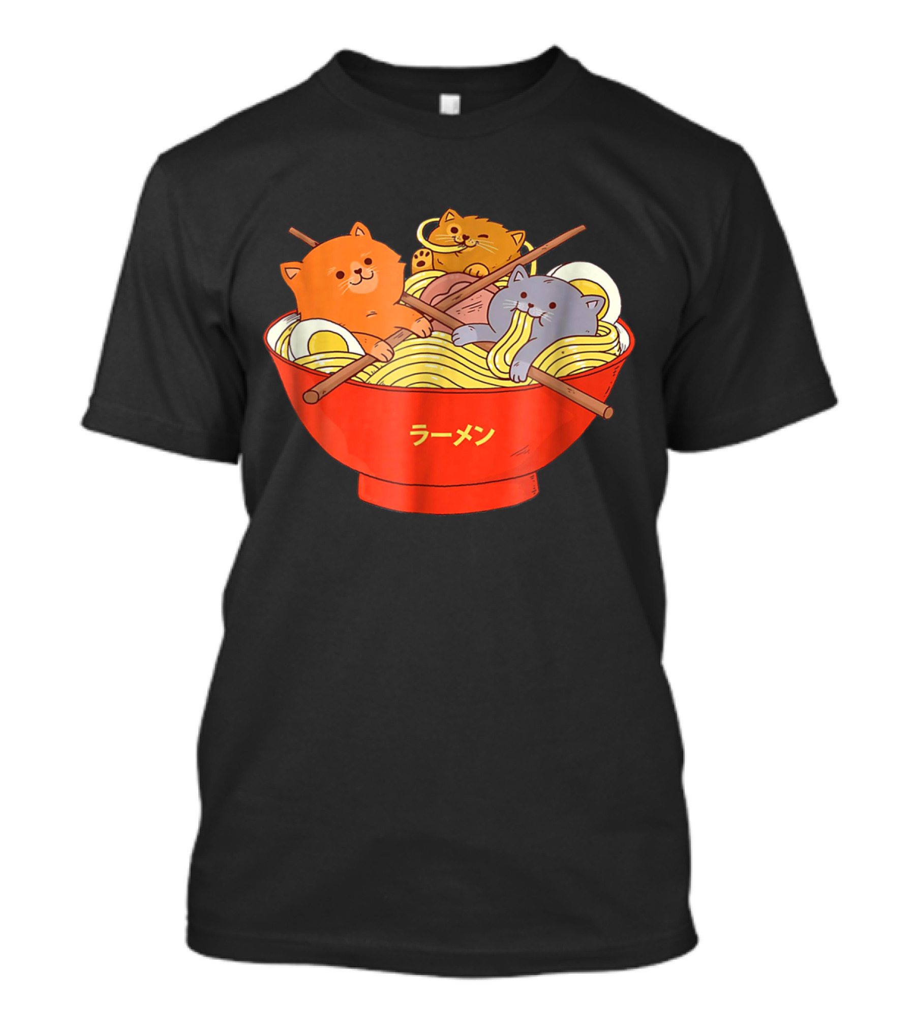 Kawaii Anime Cat Ramen Noodles In Red Bowl With Japanese Text T-Shirt
