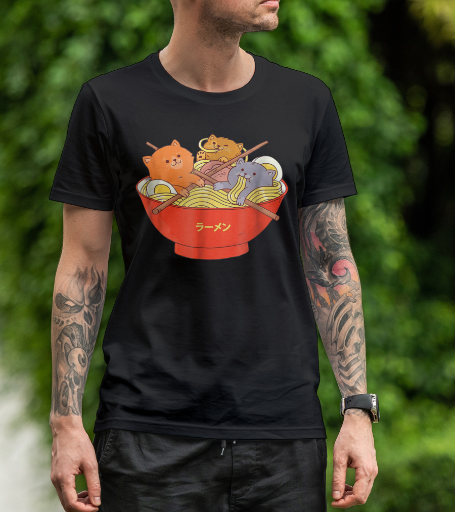 Kawaii Anime Cat Ramen Noodles In Red Bowl With Japanese Text T-Shirt