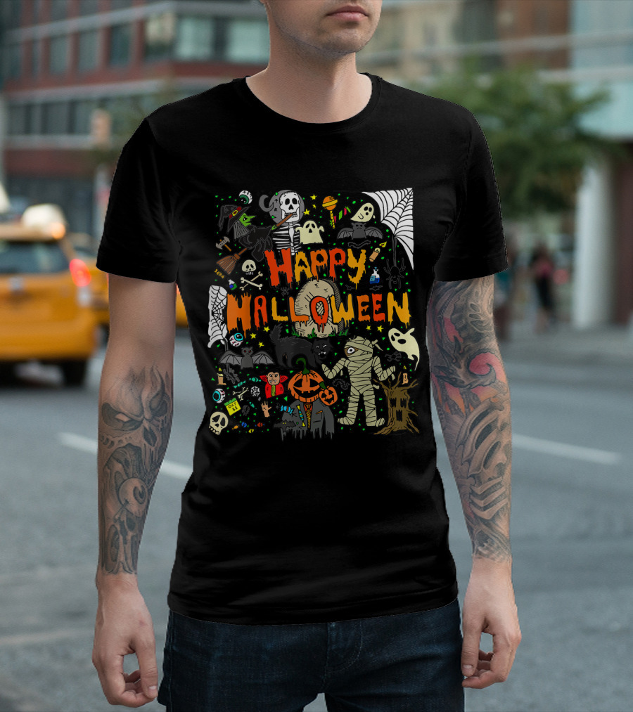 Happy Halloween Scary Mummy Ghost Witch Pumpkin Bat Skull Spiderweb T-Shirt