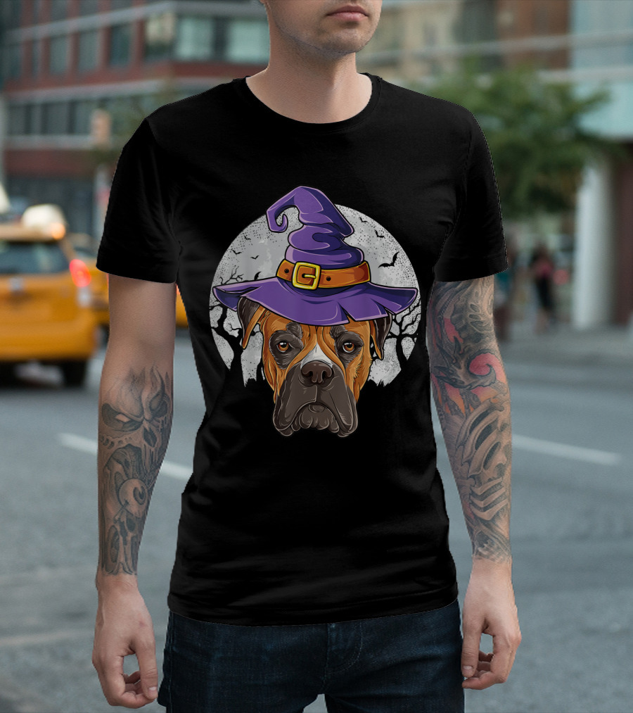 Boxer Dog in Purple Witch Hat with Moon and Bats Halloween T-Shirt