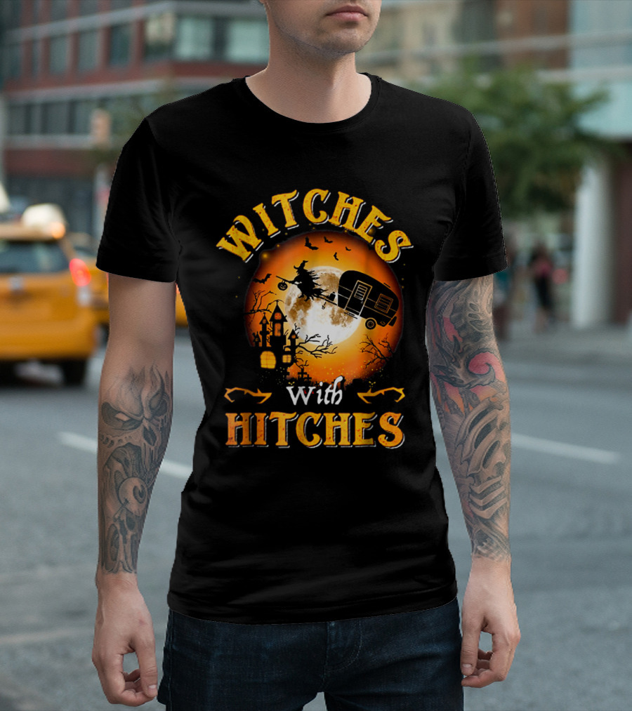 Witches with Hitches Flying Broomstick Full Moon Haunted House T-Shirt