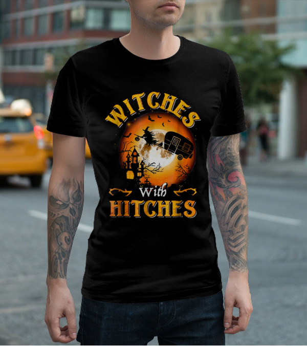 Witches With Hitches Flying Broomstick Full Moon Haunted House T-Shirt