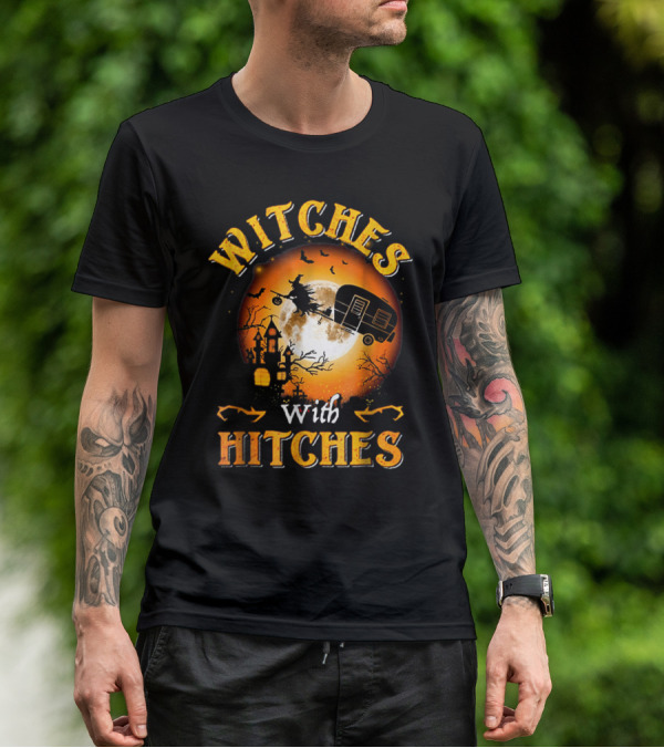 Witches With Hitches Flying Broomstick Full Moon Haunted House T-Shirt