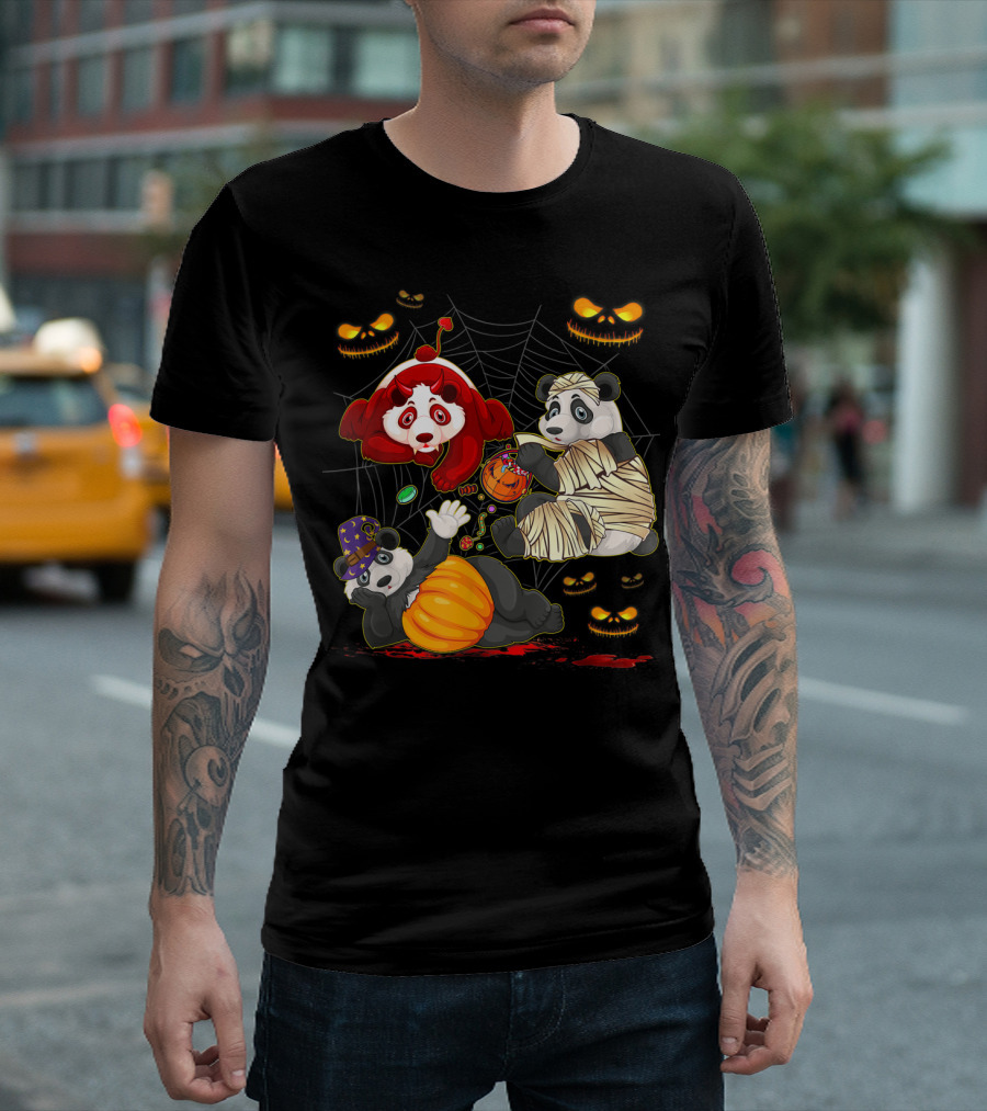 Halloween Panda Trio Mummy Clown Pumpkin Costume with Spider Web and Jack-o'-Lanterns T-Shirt