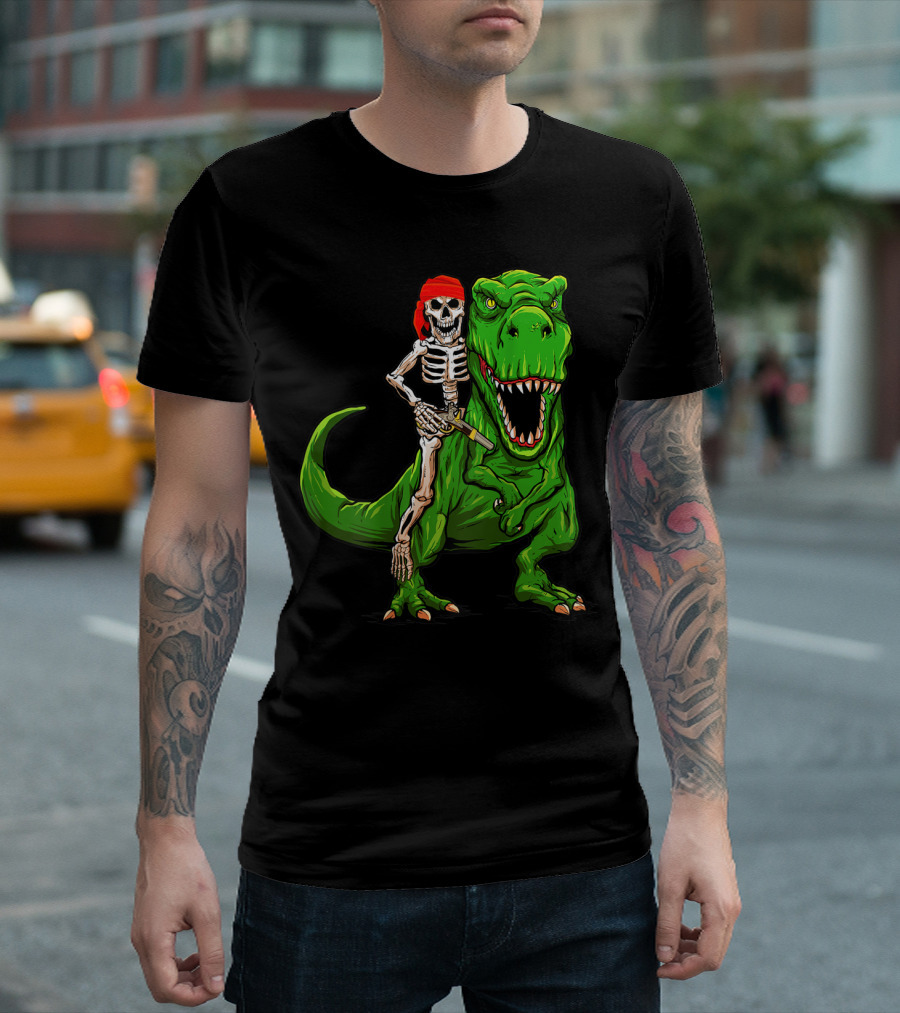 Pirate Skeleton Riding Rex Dinosaur with Red Bandana T-Shirt