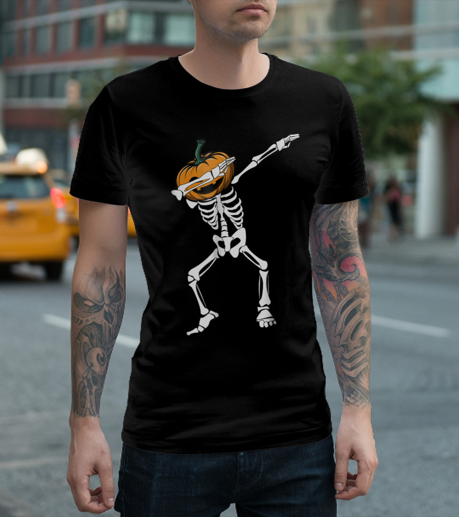 Funny Dabbing Pumpkin Head Skeleton Halloween T-Shirt