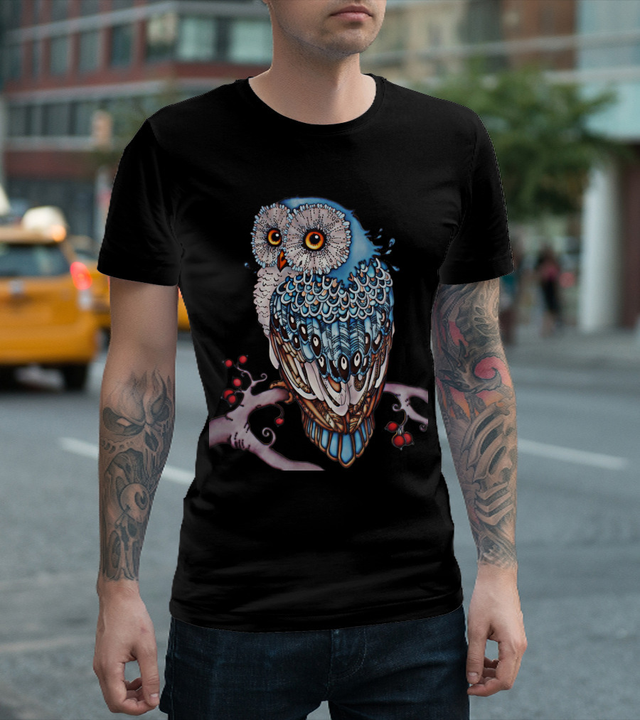 Luminous Blue Owl On Branch With Red Berries - Owl For You T-Shirt