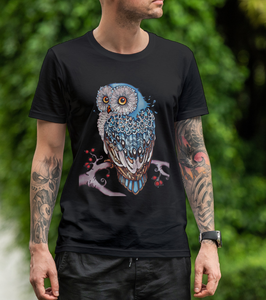 Luminous Blue Owl On Branch With Red Berries - Owl For You T-Shirt