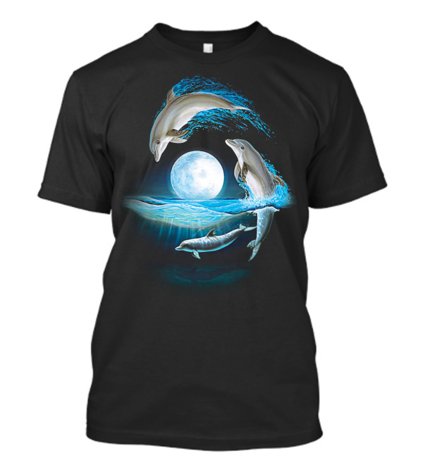 Full Moon Dolphin Leap Ocean Waves T-Shirt