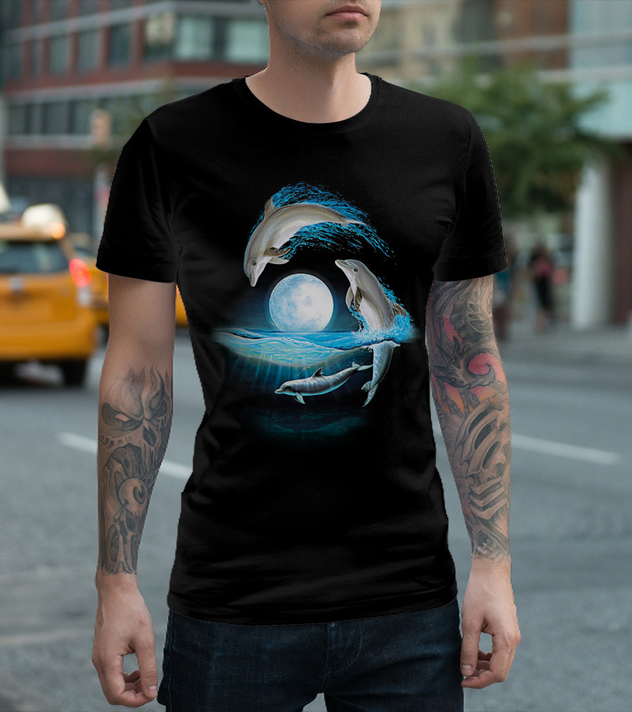 Full Moon Dolphin Leap Ocean Waves T-Shirt